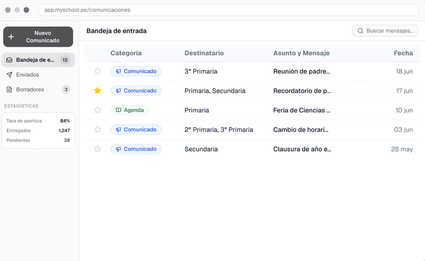 MySchool comunicaciones mobile view