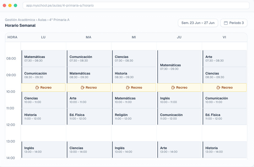 MySchool horarios mobile view